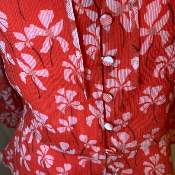 Vintage-Inspired Red Floral Sheer Blouse With Button-Up Front Tie Neckline & Puf - Picture 4 of 5